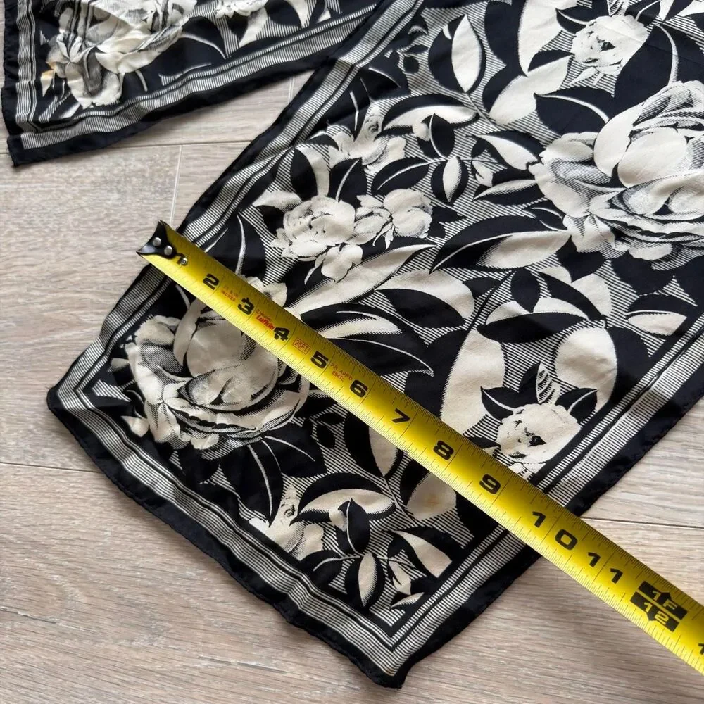 Vintage Black & Cream Floral Silk Twilly Scarf Botanical Old Money Romantic Chic